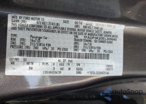 2014 Ford Focus Se z USA, uszkodzony, nr VIN 1FADP3K20EL309945